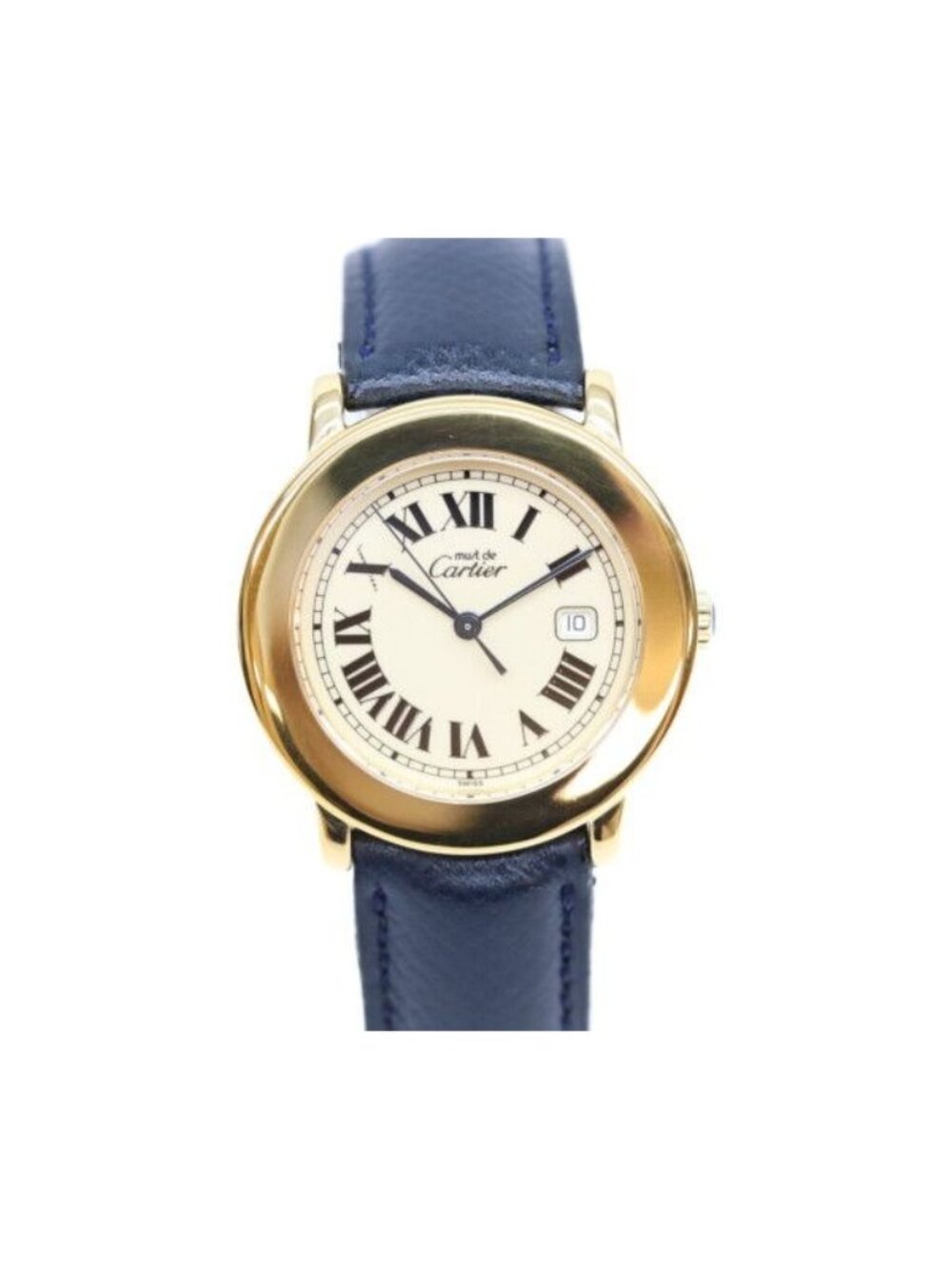 Cartier 925 Must Ronde LM Vermeil Date Ivory Roman Dial Leather Quartz